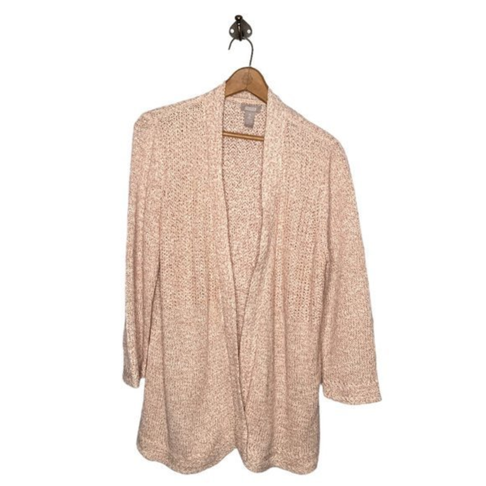 Chico's 2 Cream Copper Metallic Knit 3/4 Sleeve Open Cardigan Sweater L 12 14